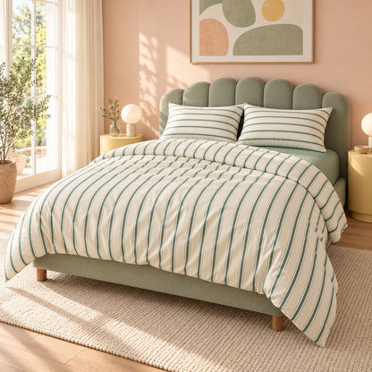 Sage Green Striped Bedding Set with Duvet Cover and Flat Sheet