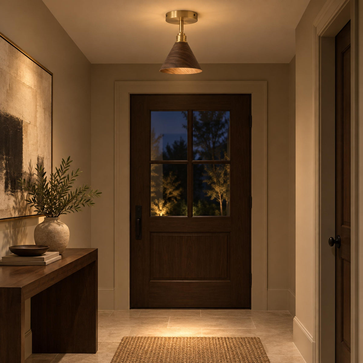 Walnut Wood Semi-Flush Ceiling Light Brushed Brass LED E27 Mid-Century