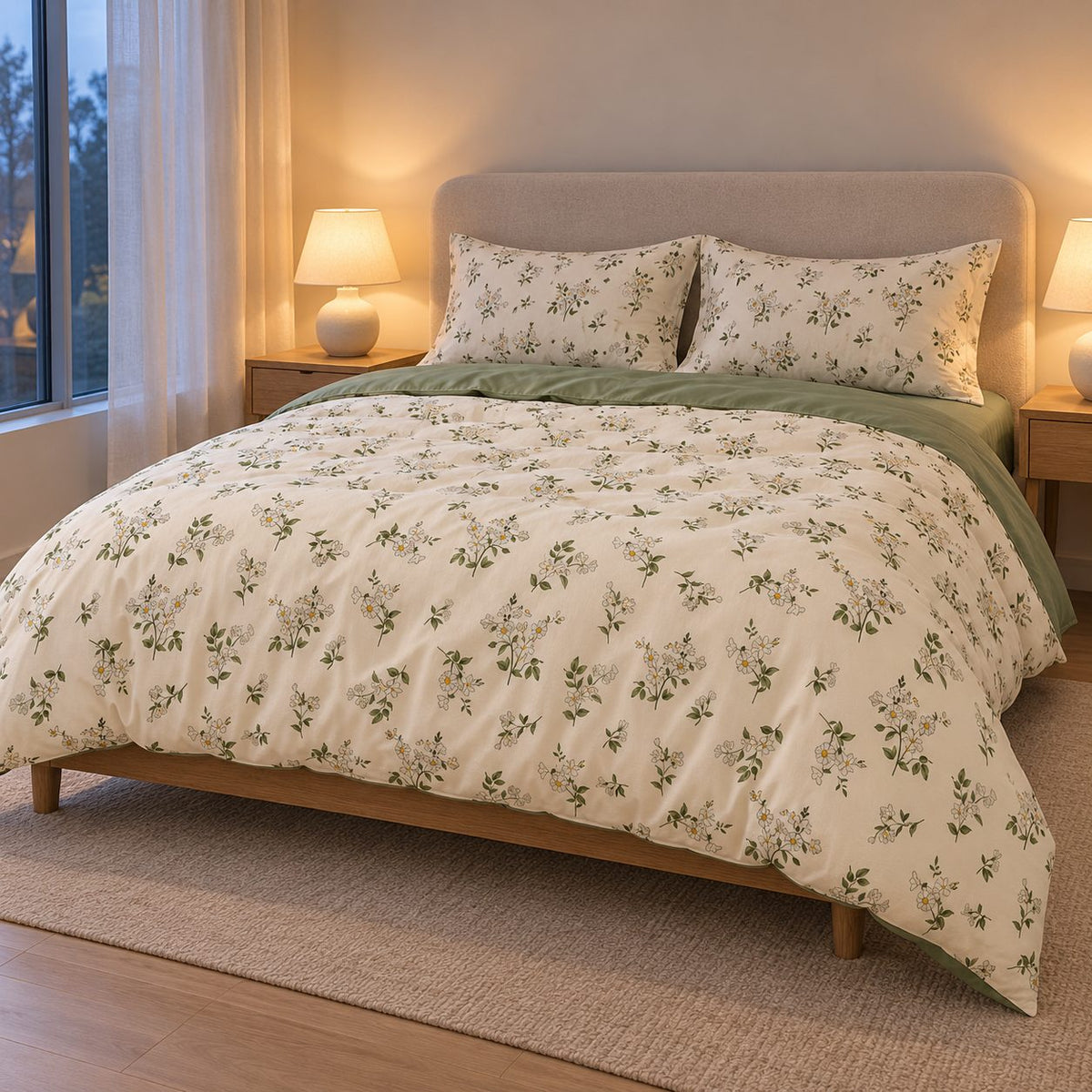 Chamomile Floral Duvet Cover Set Vintage Ivory and Sage Bedding