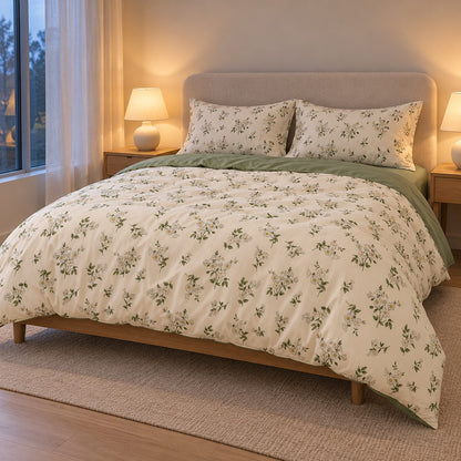 Chamomile Floral Duvet Cover Set Vintage Ivory and Sage Bedding