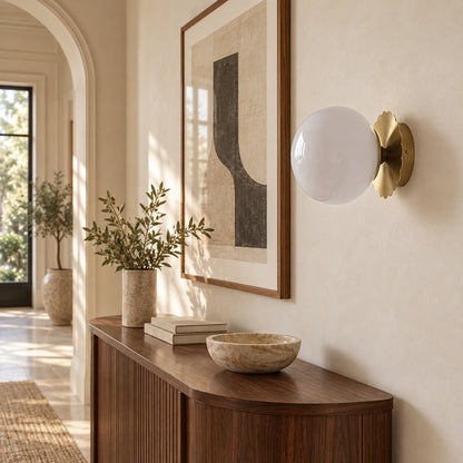 Marshmallow Glass Globe Wall Sconce Scalloped Metal LED