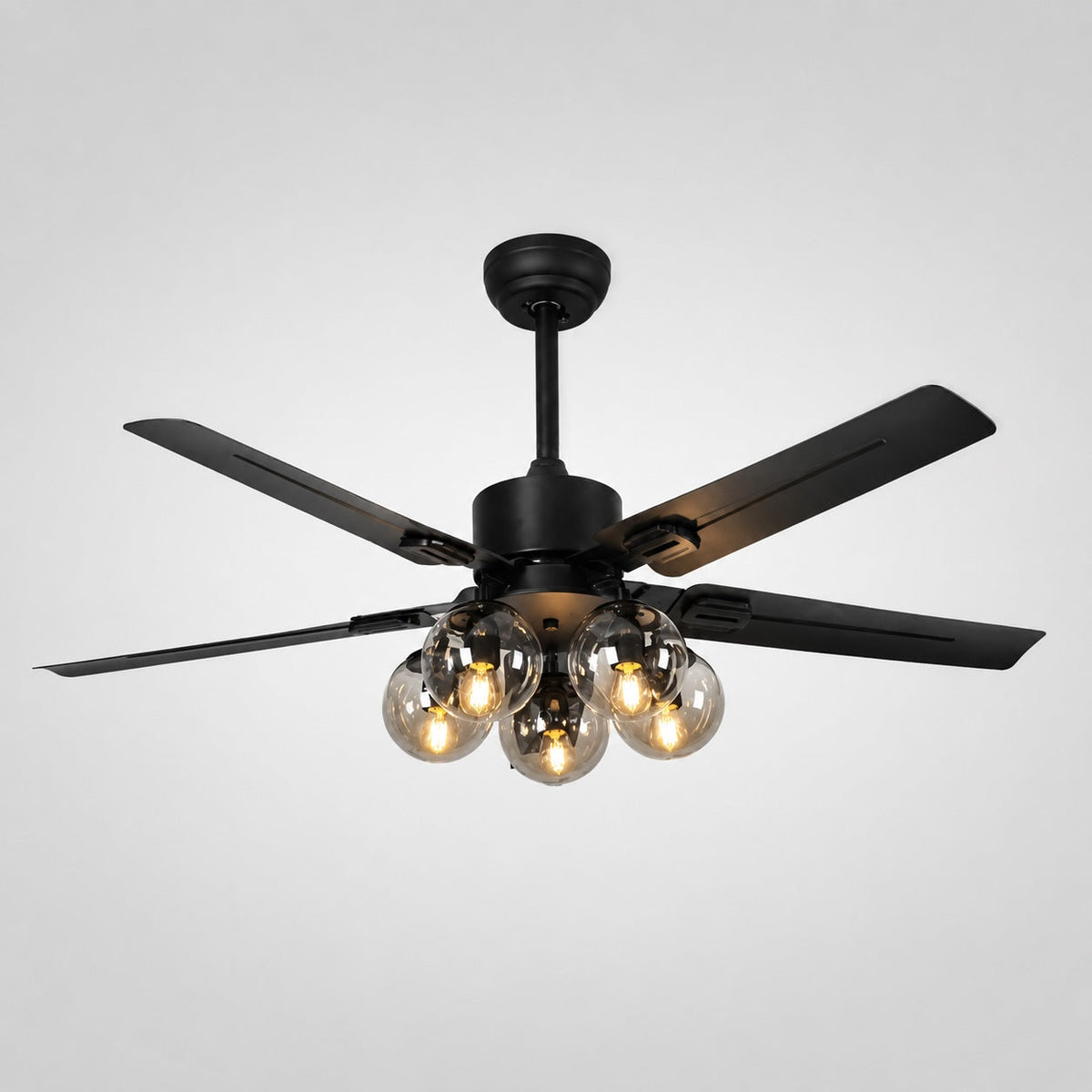 Industrial Black Metal Ceiling Fan with LED Light 3-Speed in Three Sizes
