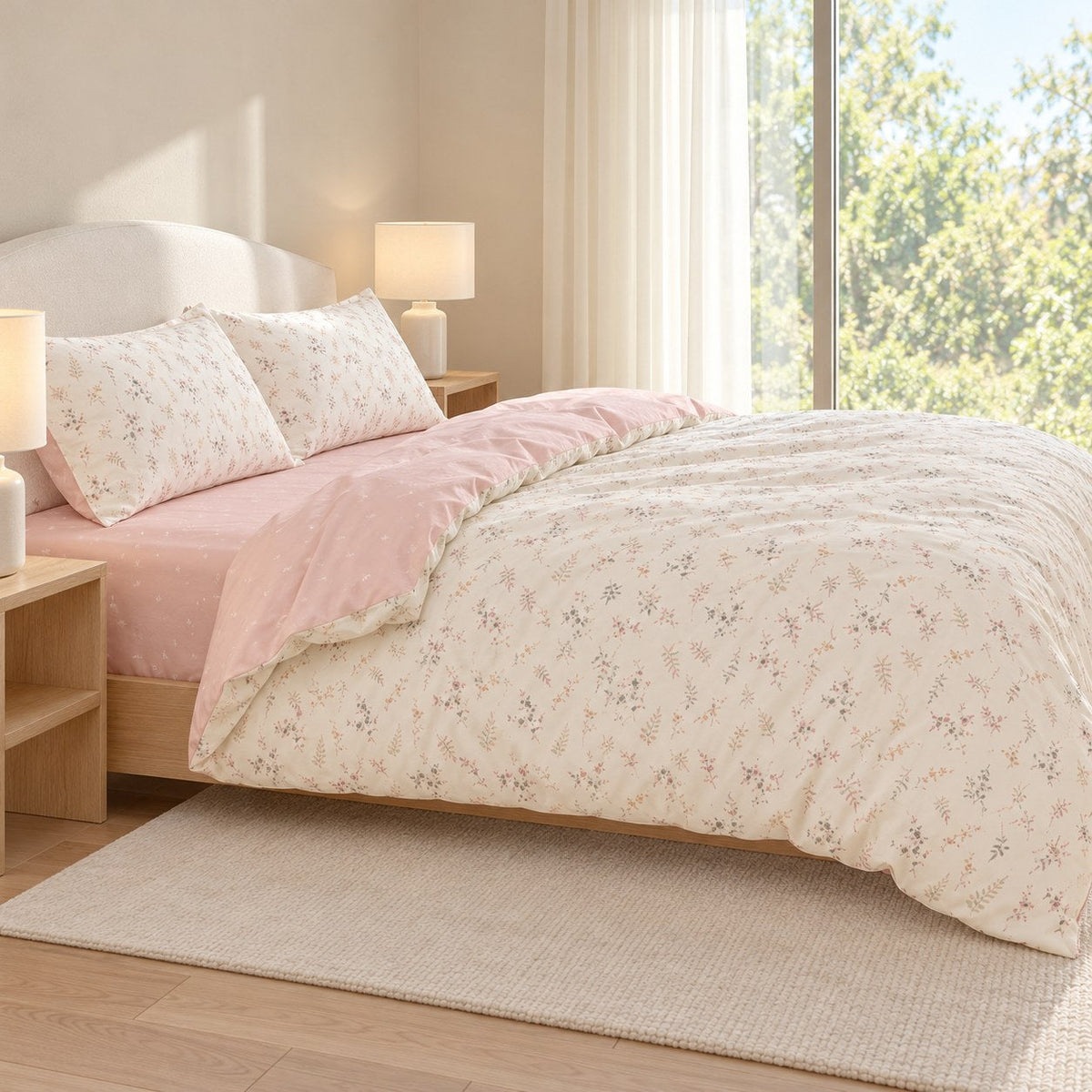 Pale Pink Floral Duvet Cover Set Vintage Romantic Bedding with Flat Sheet