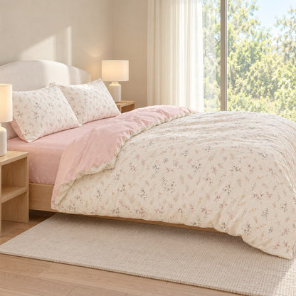 Pale Pink Floral Duvet Cover Set Vintage Romantic Bedding with Flat Sheet