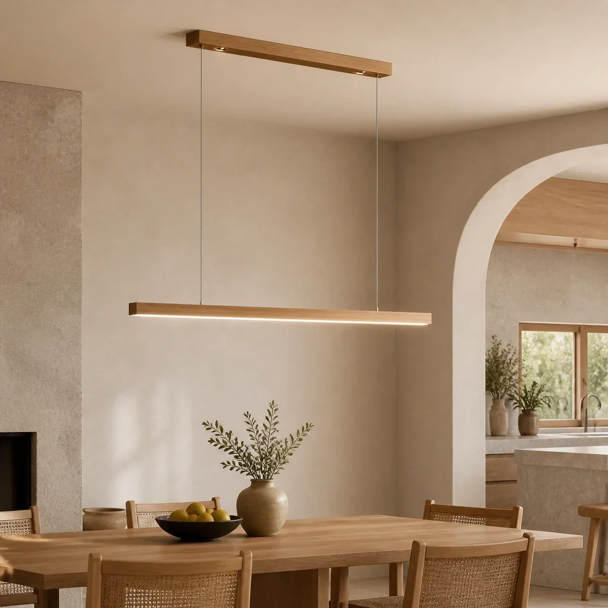 Wood Linear Pendant Light LED Dimmable Remote Kitchen Dining Bar
