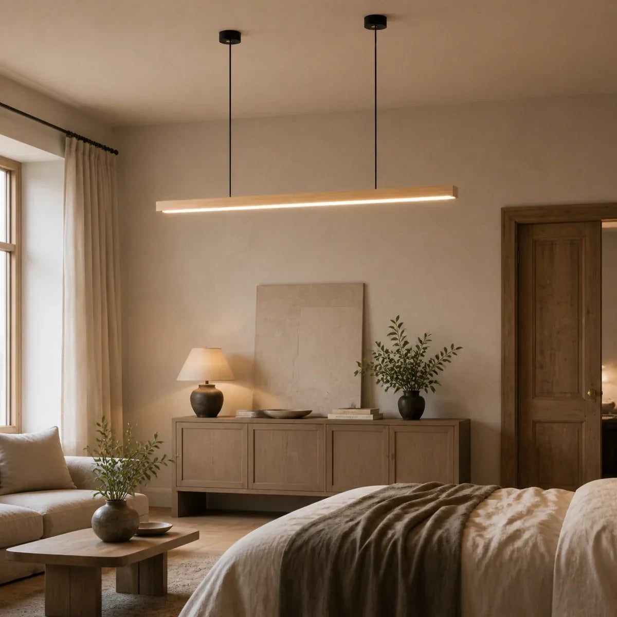 Wood Linear Pendant Light LED Dimmable Remote Kitchen Dining Bar
