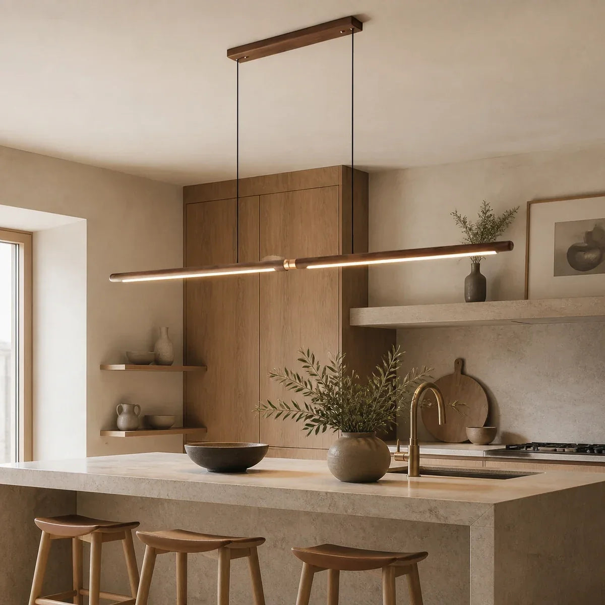 Black Walnut Linear Pendant Light LED Dimmable Kitchen Dining Bar