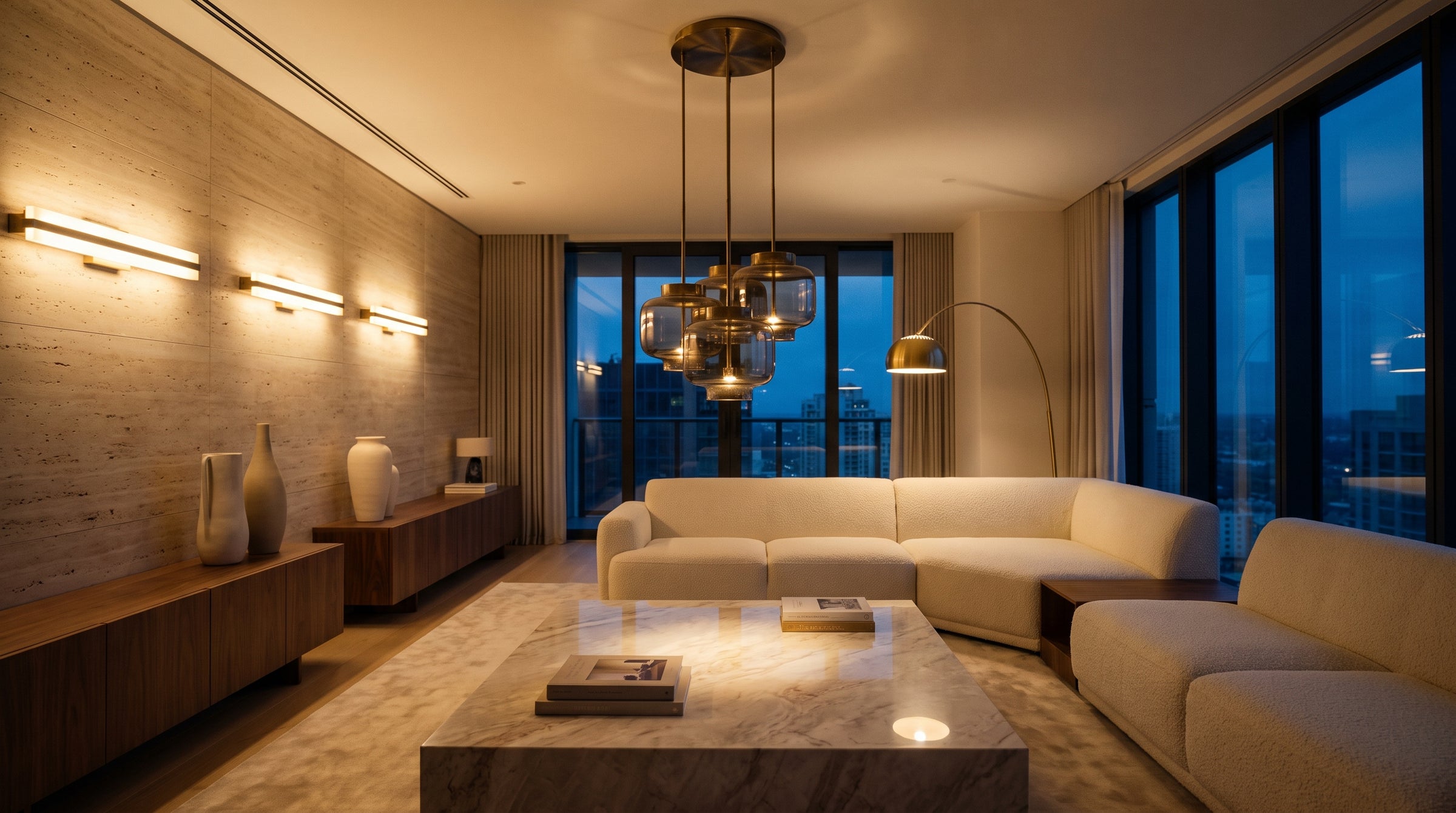 A luxurious living room at dusk lit by a smoked glass pendant cluster, brass arc floor lamp and linear wall sconces