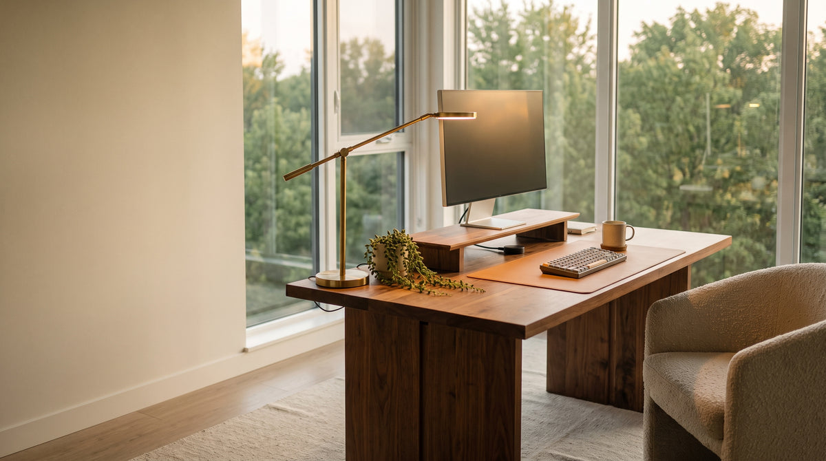A walnut home office desk by a window with a leather desk mat, keyboard, monitor riser and brass desk lamp