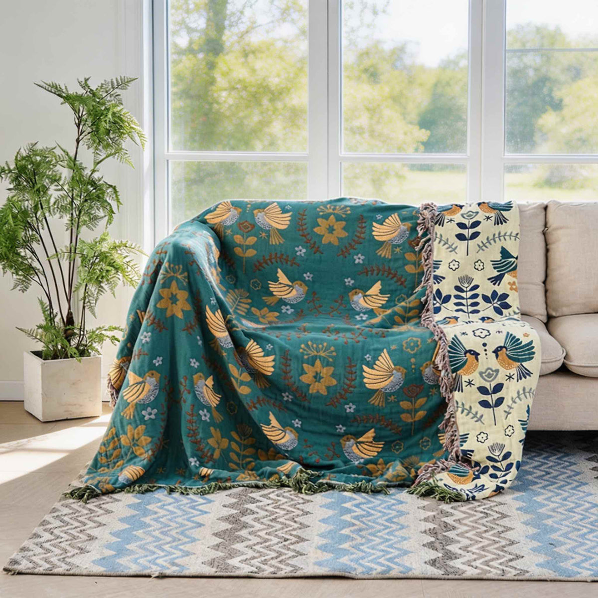 Reversible Bird Floral Cotton Throw Blanket with Fringe
