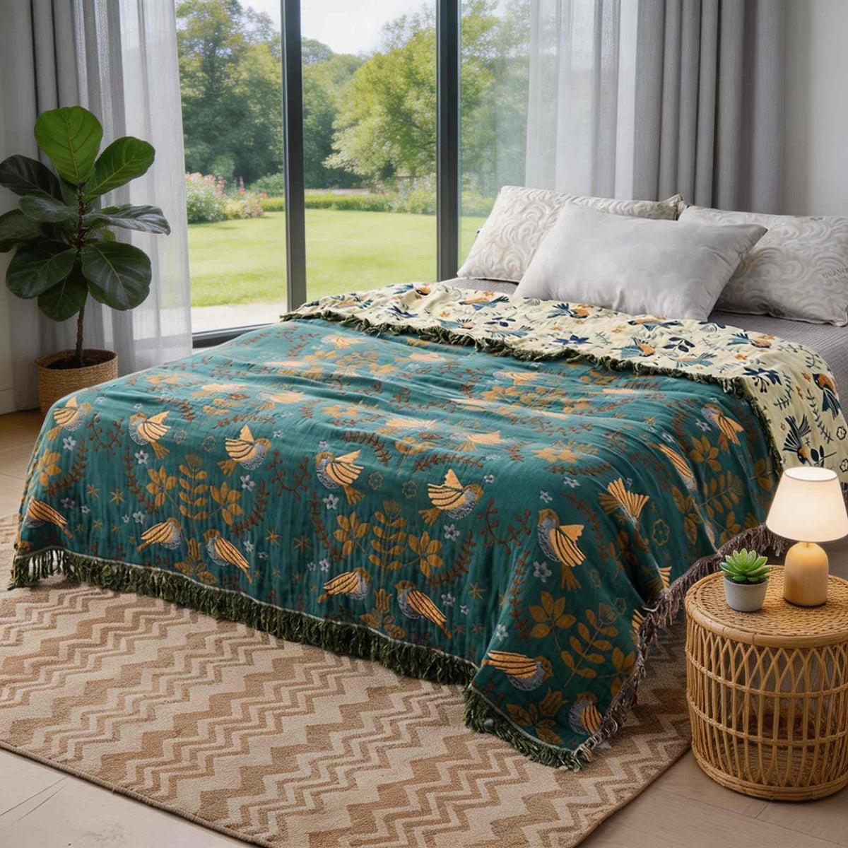 Reversible Bird Floral Cotton Throw Blanket with Fringe