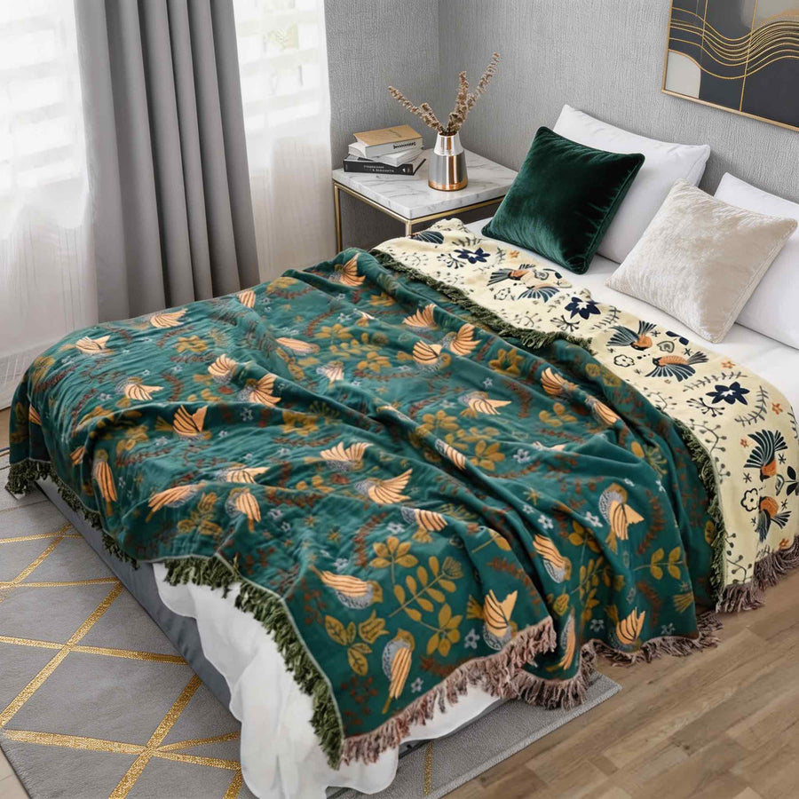 Reversible Bird Floral Cotton Throw Blanket with Fringe