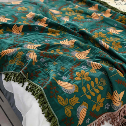Reversible Bird Floral Cotton Throw Blanket with Fringe