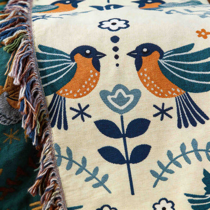 Reversible Bird Floral Cotton Throw Blanket with Fringe