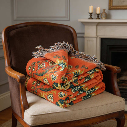 Vintage Floral Reversible Cotton Throw Blanket in Orange and Teal