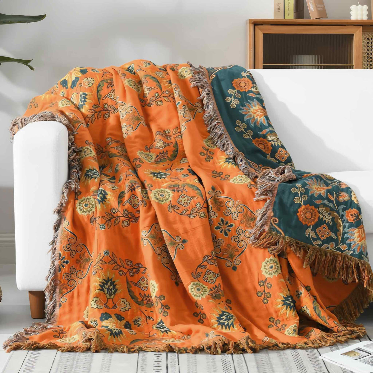 Vintage Floral Reversible Cotton Throw Blanket in Orange and Teal