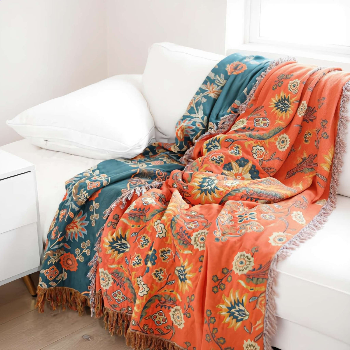 Vintage Floral Reversible Cotton Throw Blanket in Orange and Teal