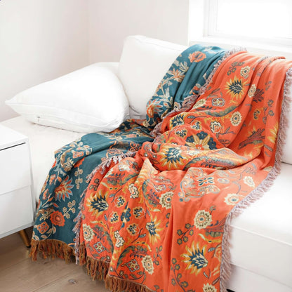 Vintage Floral Reversible Cotton Throw Blanket in Orange and Teal