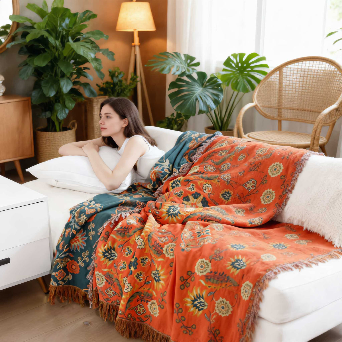 Vintage Floral Reversible Cotton Throw Blanket in Orange and Teal