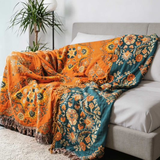 Vintage Floral Reversible Cotton Throw Blanket in Orange and Teal