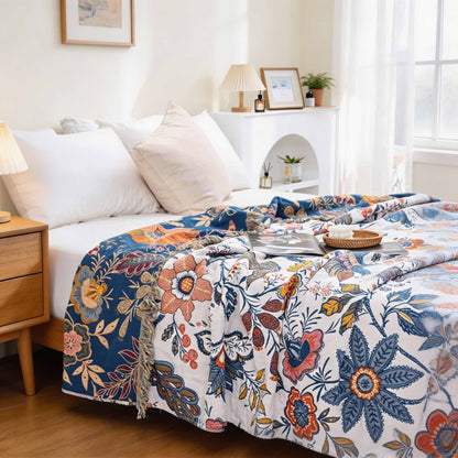 Contemporary Floral Jacquard Cotton Throw Blanket with Tassels