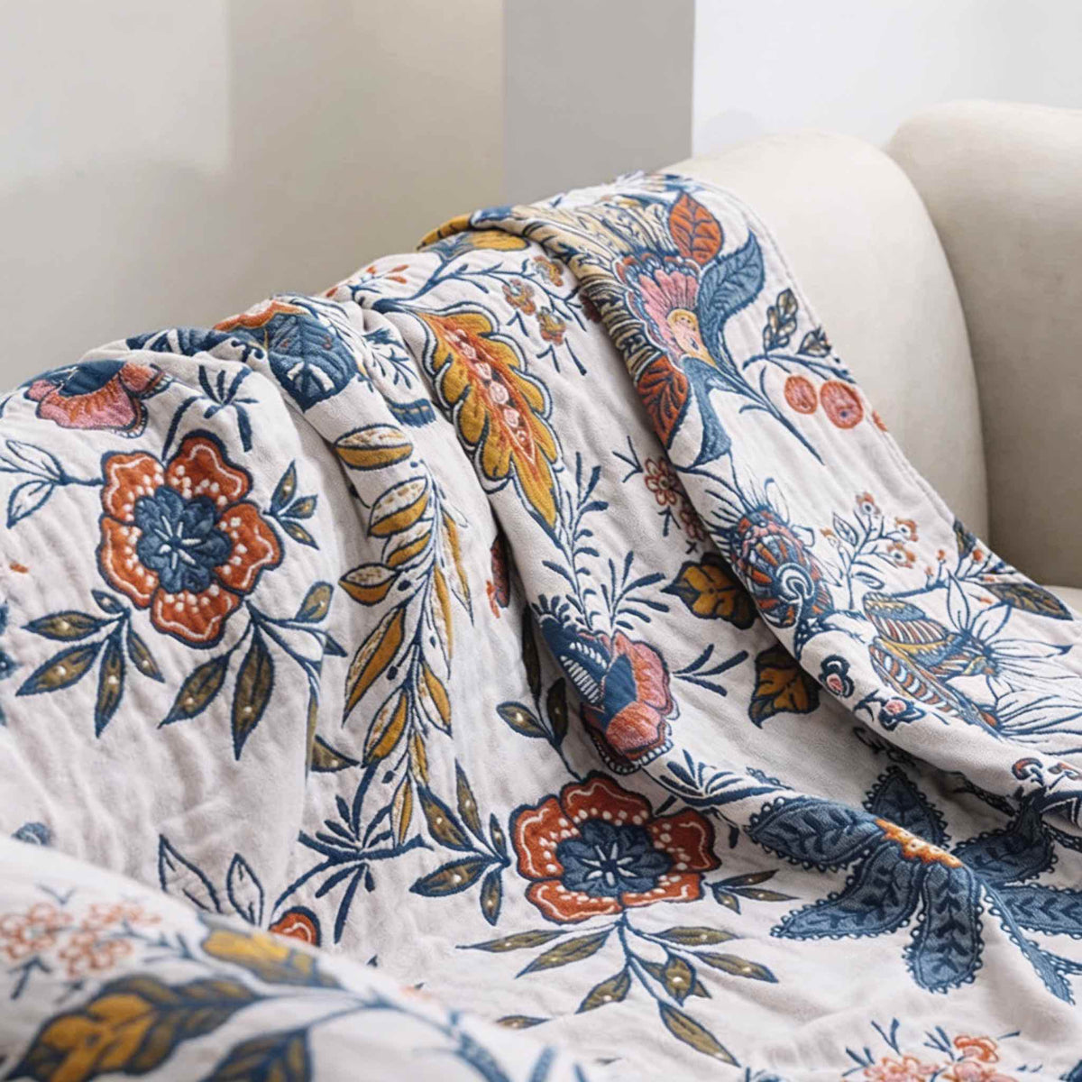 Contemporary Floral Jacquard Cotton Throw Blanket with Tassels