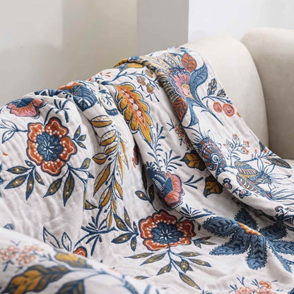 Contemporary Floral Jacquard Cotton Throw Blanket with Tassels