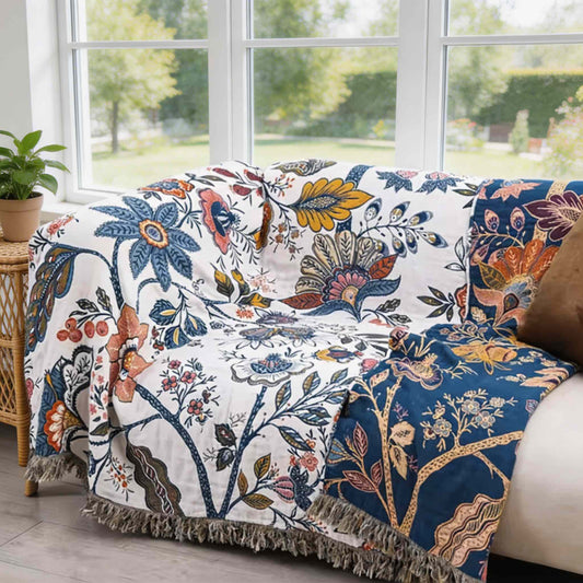 Contemporary Floral Jacquard Cotton Throw Blanket with Tassels