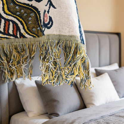 Contemporary Floral Jacquard Cotton Throw Blanket with Tassels