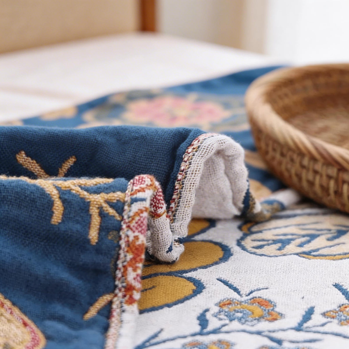 Contemporary Floral Jacquard Cotton Throw Blanket with Tassels