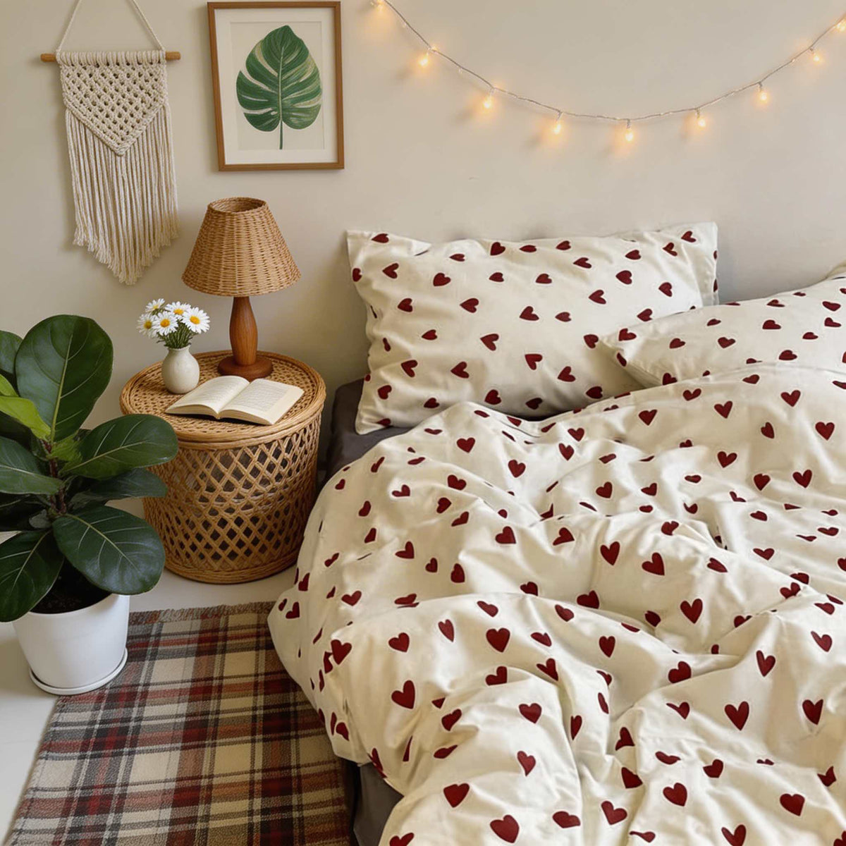 Vintage Red Hearts Print Duvet Cover Set with Flat Sheet