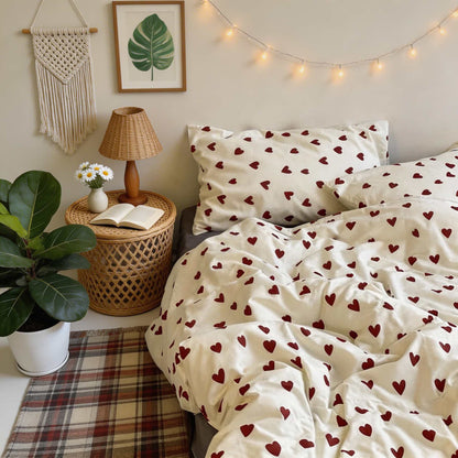 Vintage Red Hearts Print Duvet Cover Set with Flat Sheet