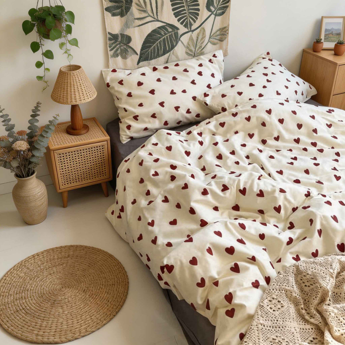 Vintage Red Hearts Print Duvet Cover Set with Flat Sheet