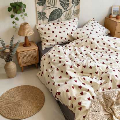 Vintage Red Hearts Print Duvet Cover Set with Flat Sheet