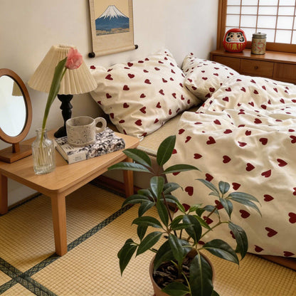 Vintage Red Hearts Print Duvet Cover Set with Flat Sheet