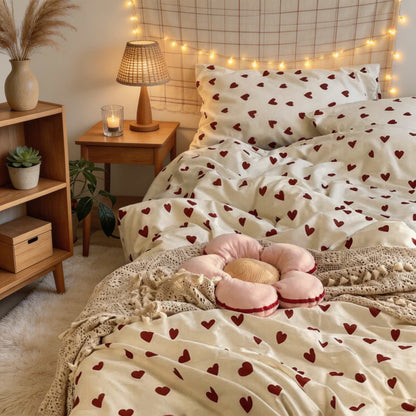 Vintage Red Hearts Print Duvet Cover Set with Flat Sheet