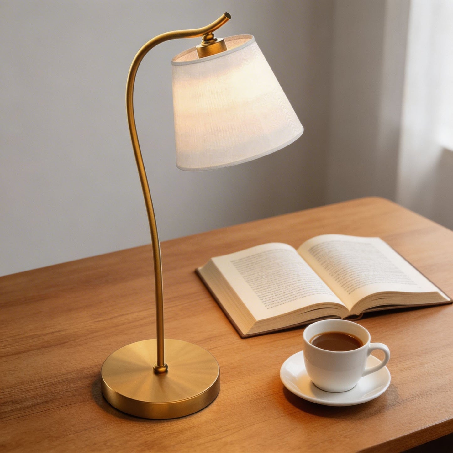 Modern Desk Lamp Adjustable Gooseneck Metal Base with Soft Fabric Shade and LED Bulb for Home Office Lighting