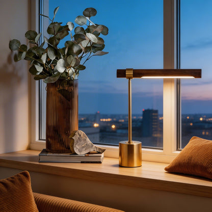 Modern LED Desk Lamp Adjustable Color Temperature Wood and Brass USB Powered for Home Office