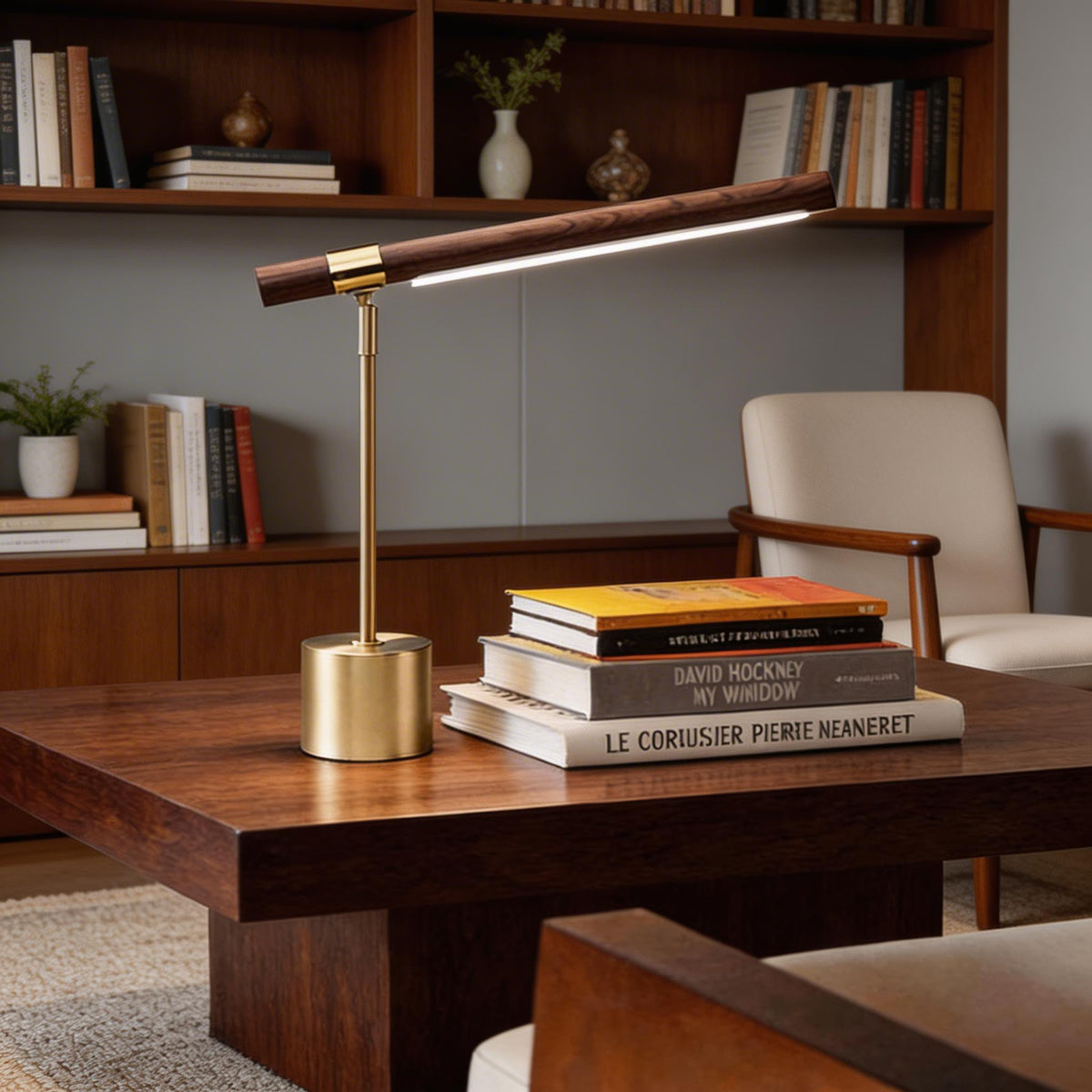 Modern LED Desk Lamp Adjustable Color Temperature Wood and Brass USB Powered for Home Office