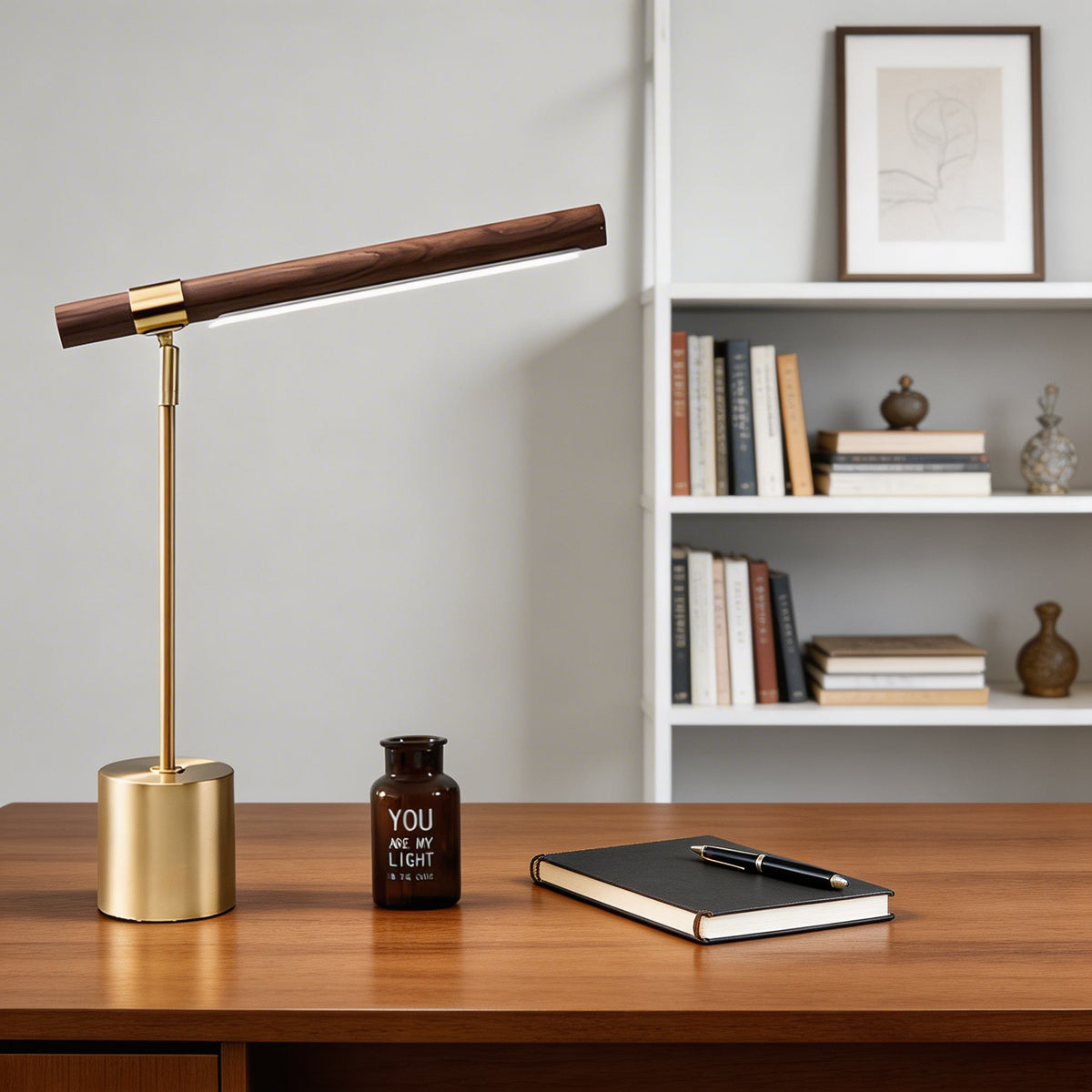 Modern LED Desk Lamp Adjustable Color Temperature Wood and Brass USB Powered for Home Office