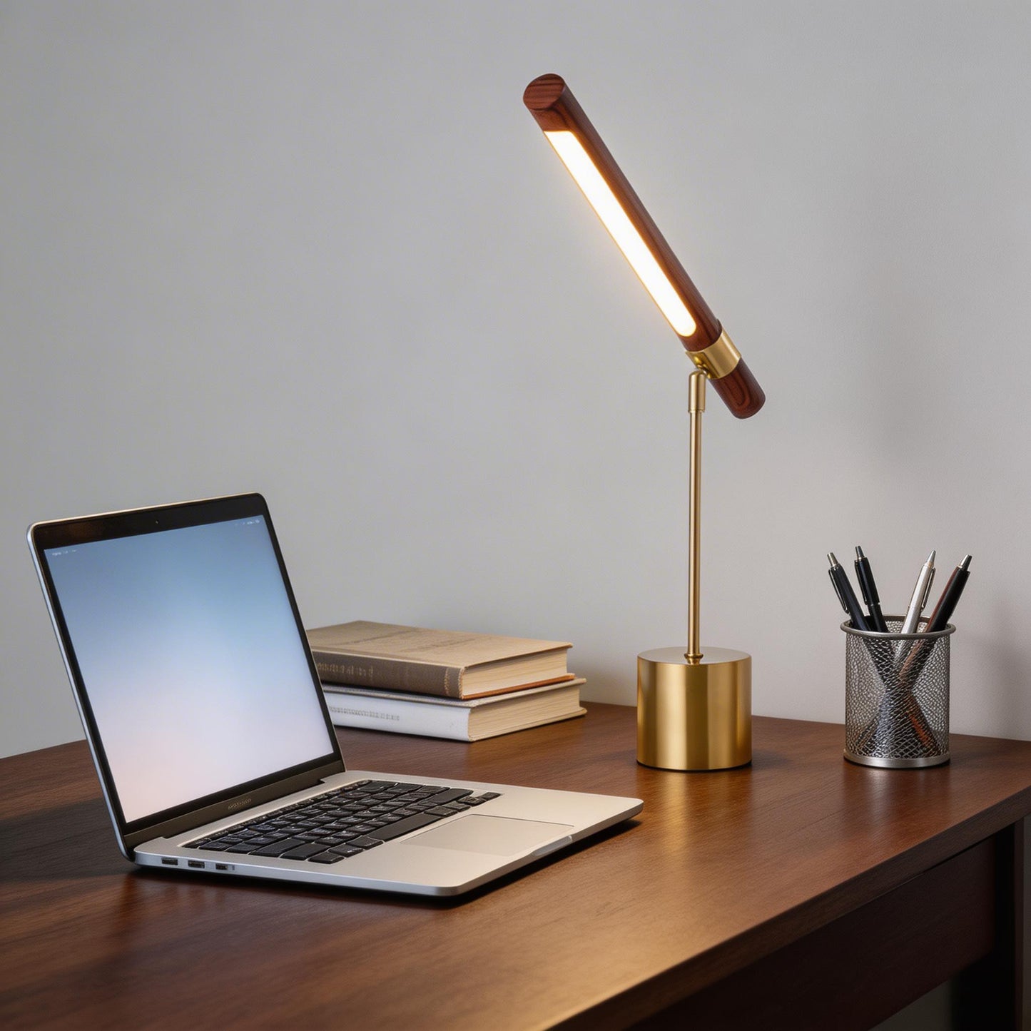 Modern LED Desk Lamp Adjustable Color Temperature Wood and Brass USB Powered for Home Office