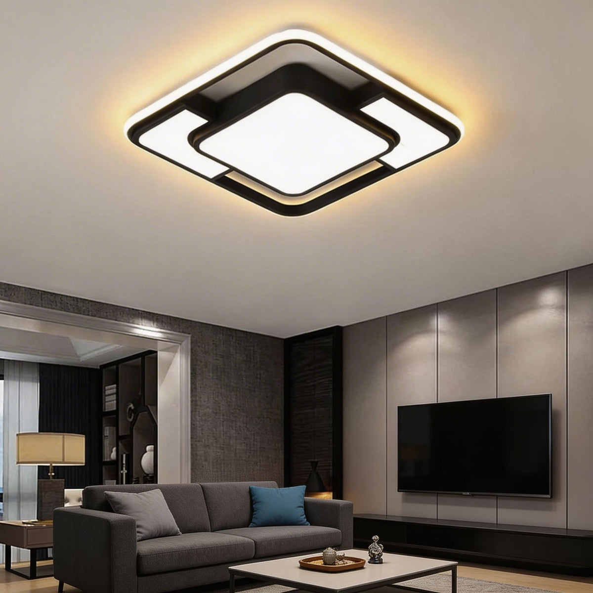 3D Geometric Square LED Flush Mount Ceiling Light Iron Acrylic Dimmable Remote