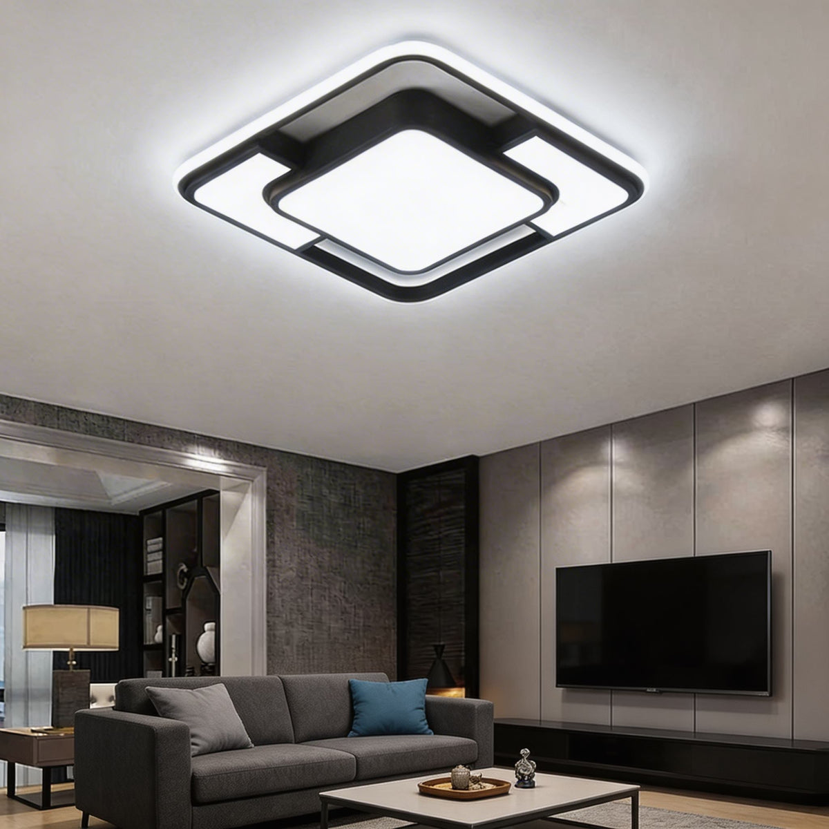 3D Geometric Square LED Flush Mount Ceiling Light Iron Acrylic Dimmable Remote