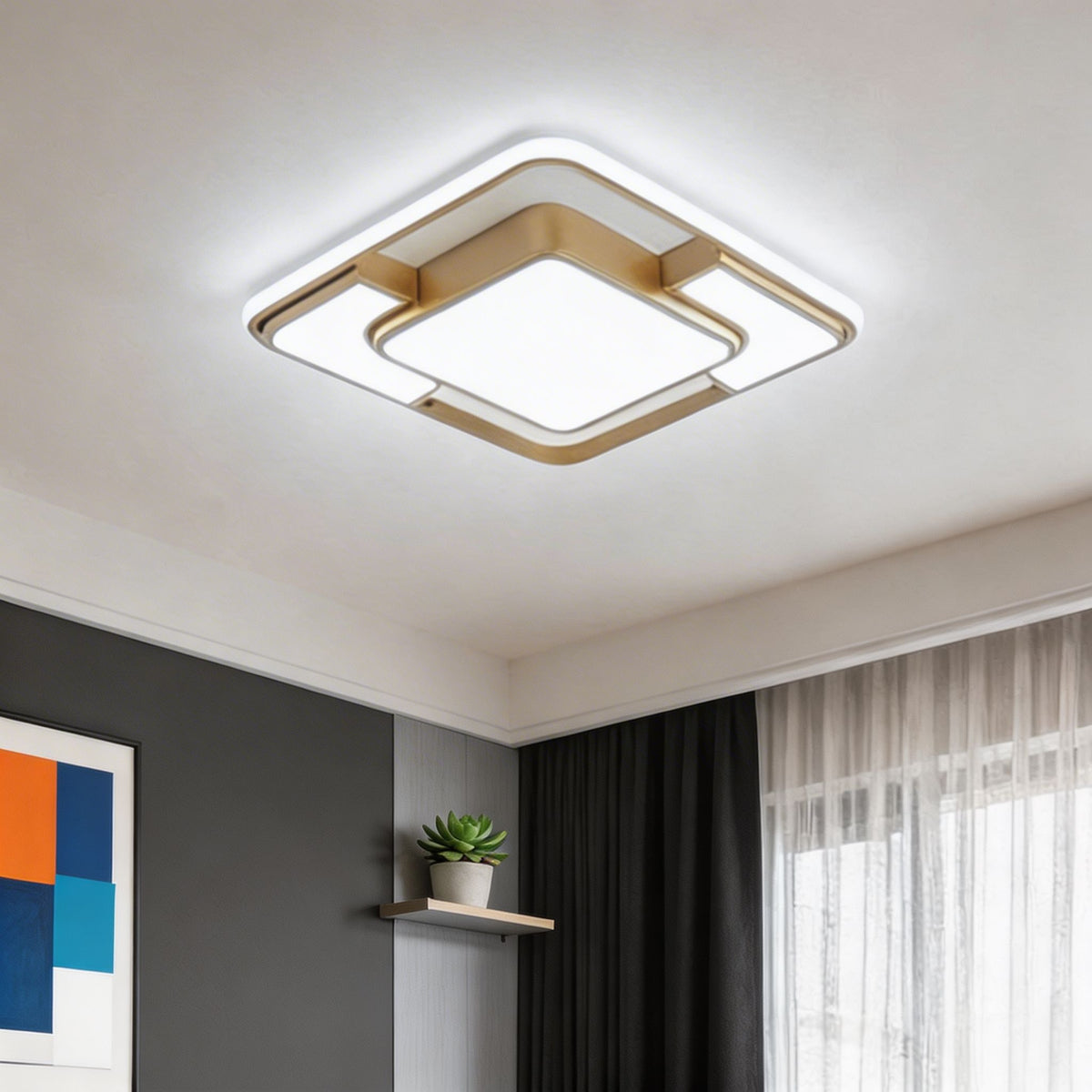 3D Geometric Square LED Flush Mount Ceiling Light Iron Acrylic Dimmable Remote