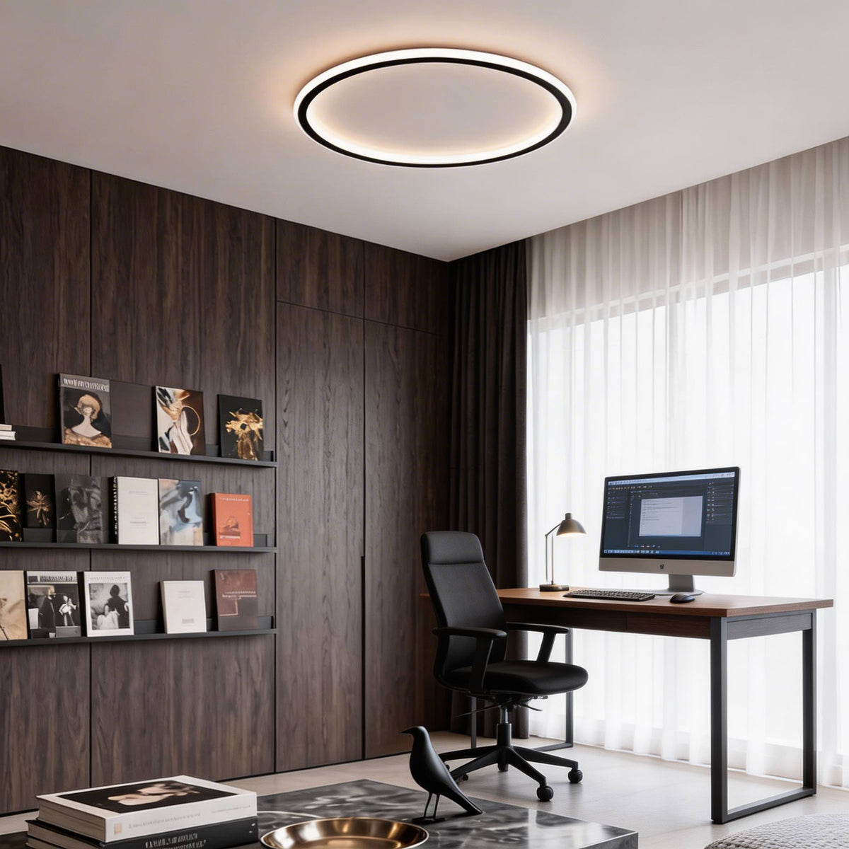 Round Slim LED Flush Mount Ceiling Light 28W Dimmable Remote Black or White