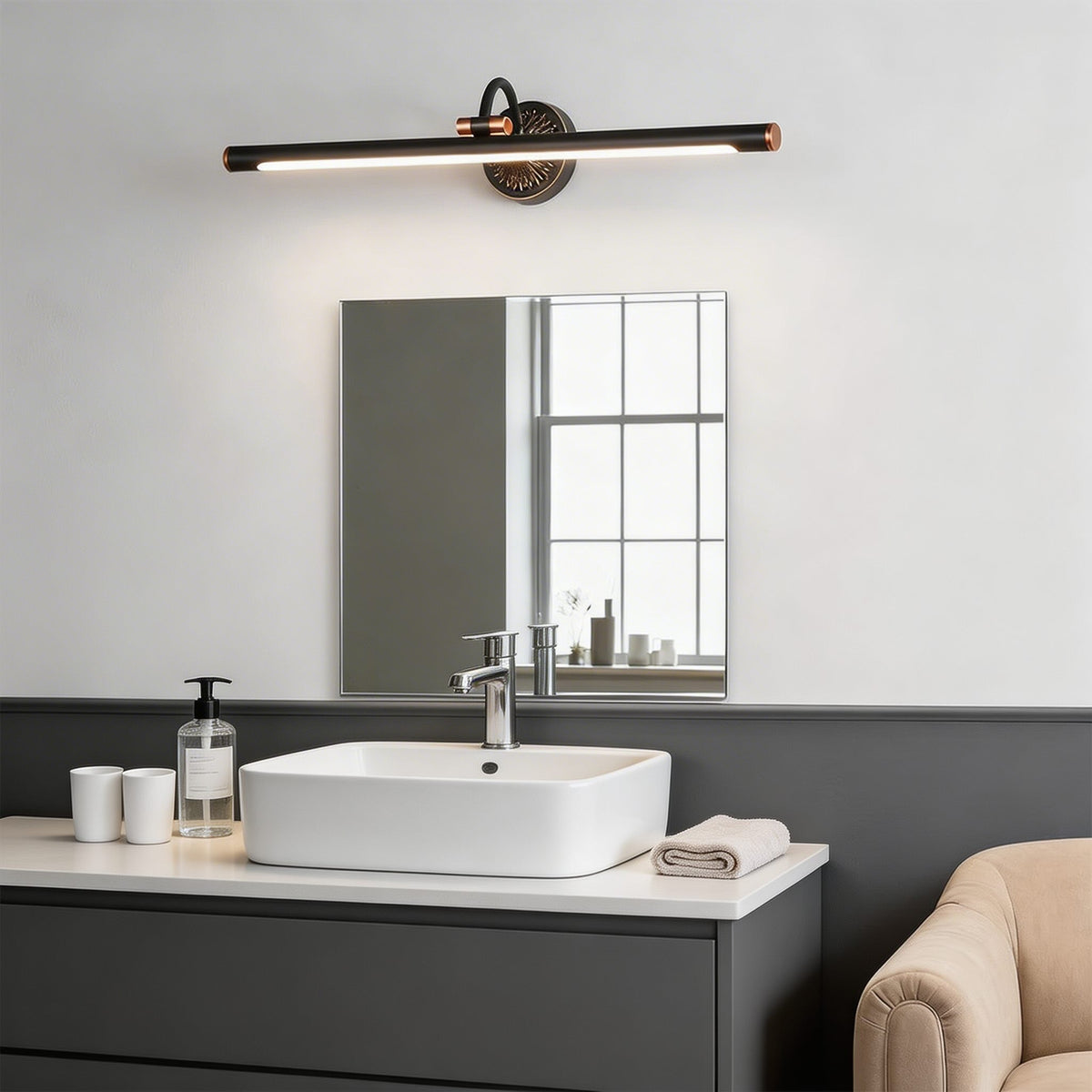 H65 Copper LED Vanity Light Bar 240° Rotating 46–76cm Acrylic Shade