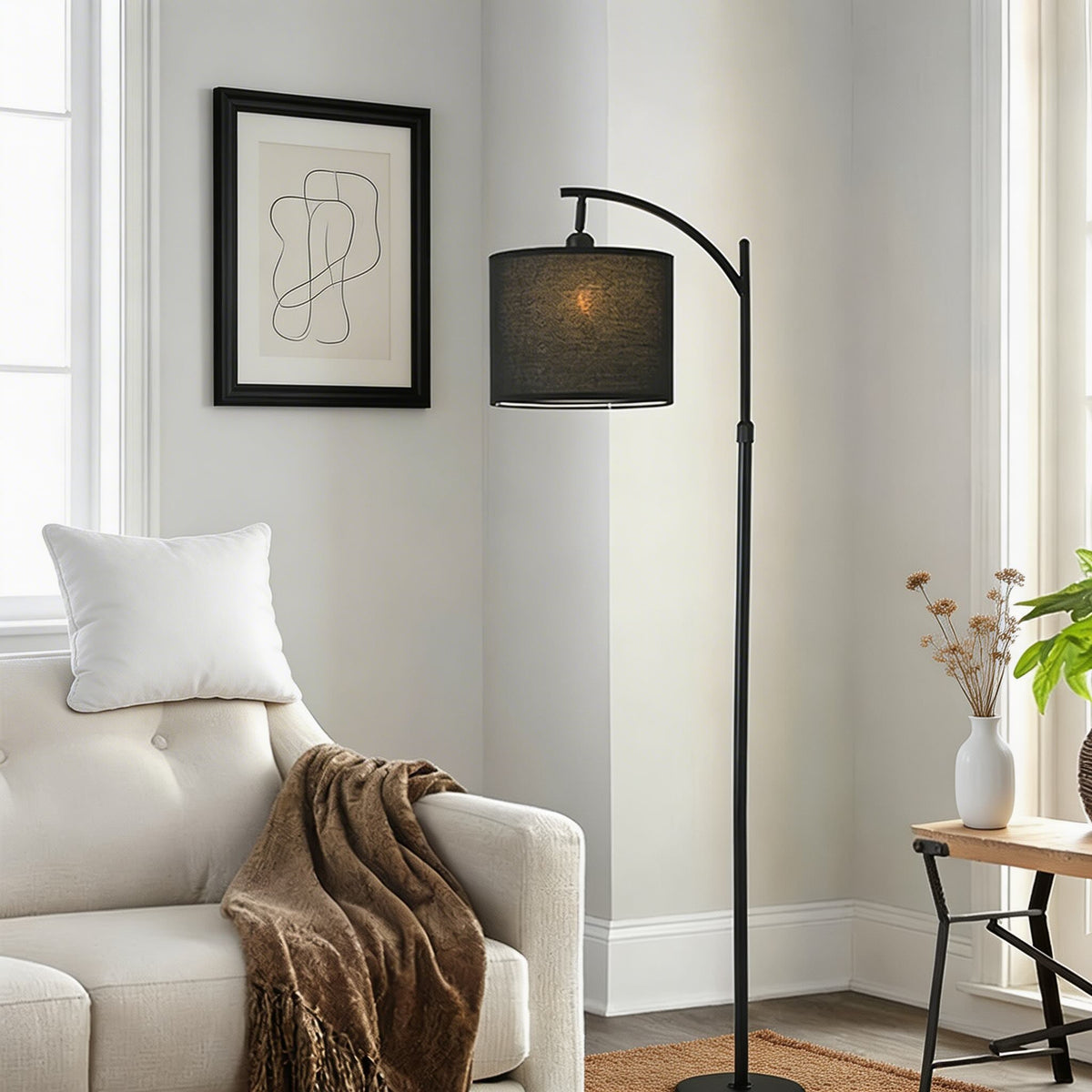 Arc Floor Lamp Black Fabric Shade Marble Base LED