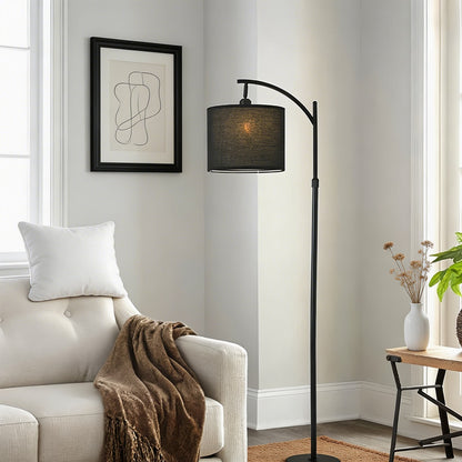Arc Floor Lamp Black Fabric Shade Marble Base LED