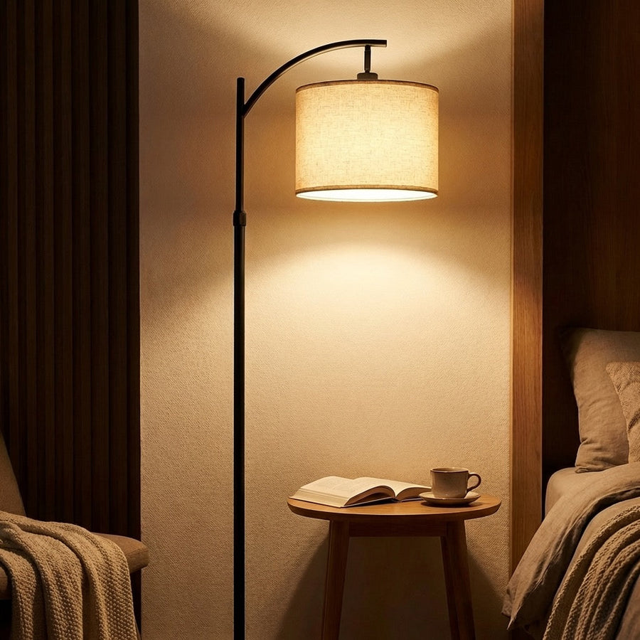 Arc Floor Lamp Black Fabric Shade Marble Base LED