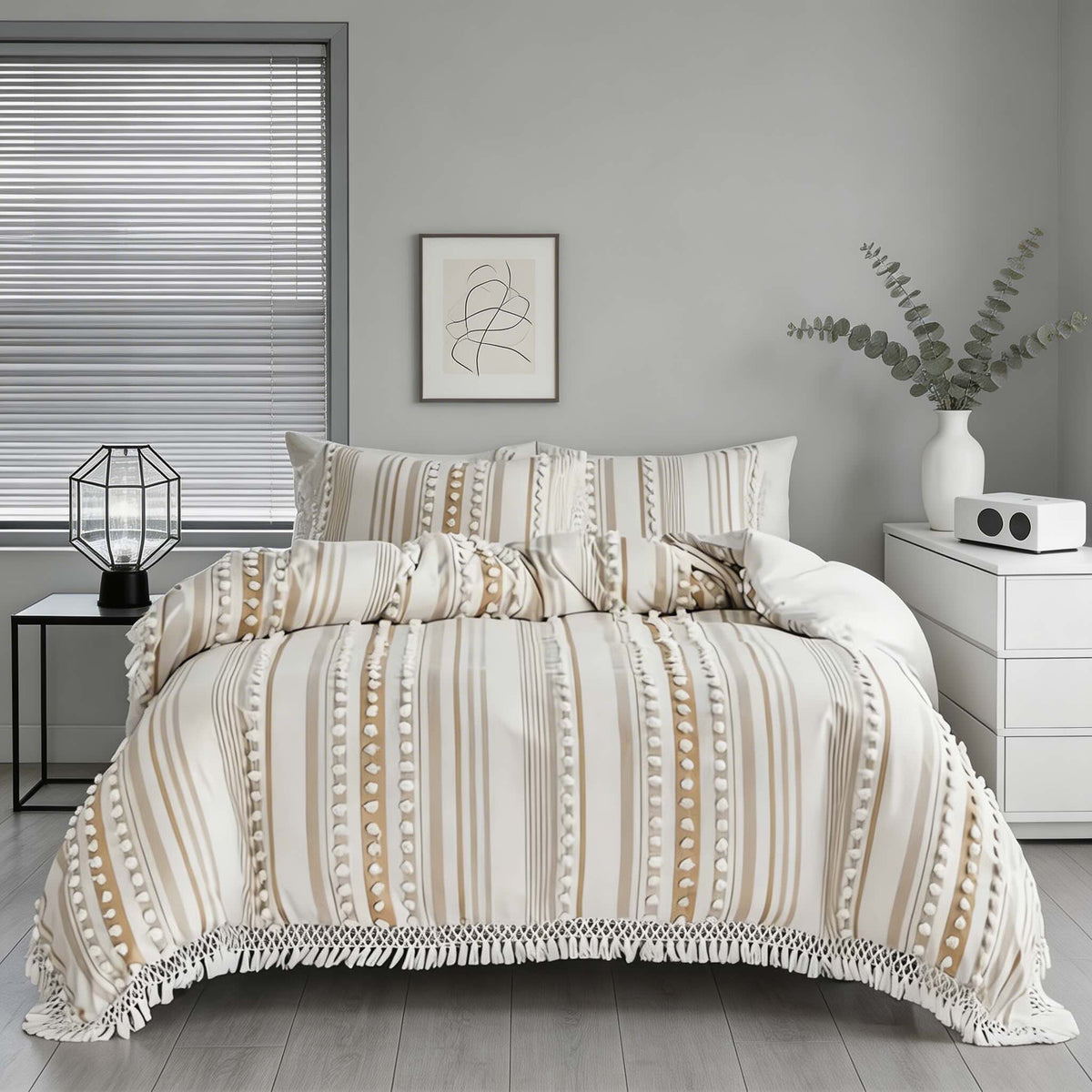 Tufted Stripe Tassel Quilt Cover Set Cotton Microfibre Blend